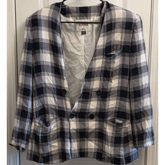 Kasper Jackets & Blazers - Vintage Kasper ASL Plaid White Black Blazer Size 18
